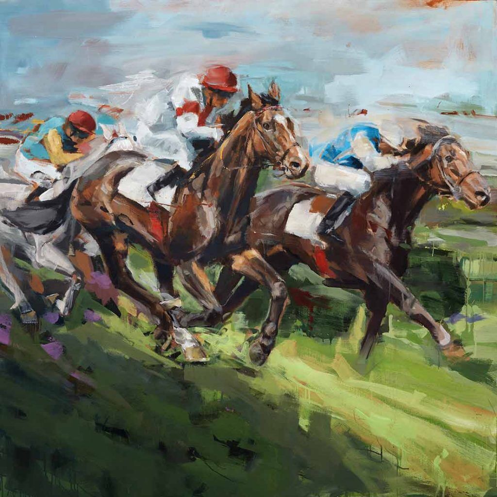 Monumental equine painting of the champion horse Neatico from Hof Ittlingen Stud, a modern horse portrait featuring a dynamic racing scene with multiple gallopers, emphasising power, movement, and dominance.