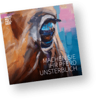 Titelbild des Kunstkatalogs von Hartmut Hellner mit einer extremen Nahaufnahme eines Pferdeauges in expressivem Stil, Fokus auf die detaillierte Spiegelung im Auge und kraftvolle Pinselstriche in Ocker-, Blau- und Pinktönen.