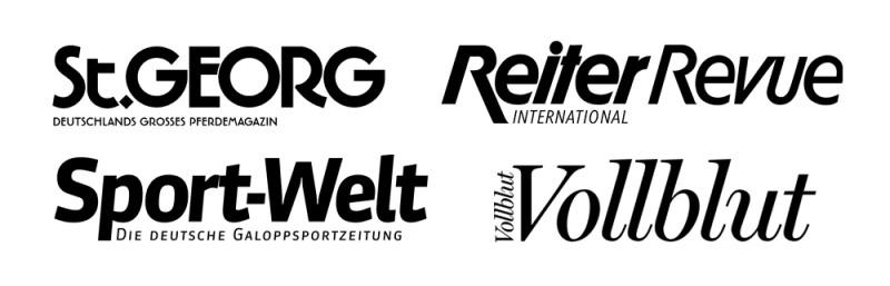 A gallery of logos from renowned specialist media such as "St. Georg", "ReiterRevue International", "Sport-Welt", and "Vollblut", all of which have previously featured Hartmut Hellner’s work and equine painting.