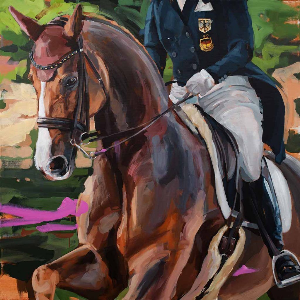Expressive portrait of the exceptional mare Bella Rose under Isabell Werth, modern equine art by Hartmut Hellner, created as a gift for her ceremonial farewell at CHIO Aachen, emphasising presence and emotional connection.