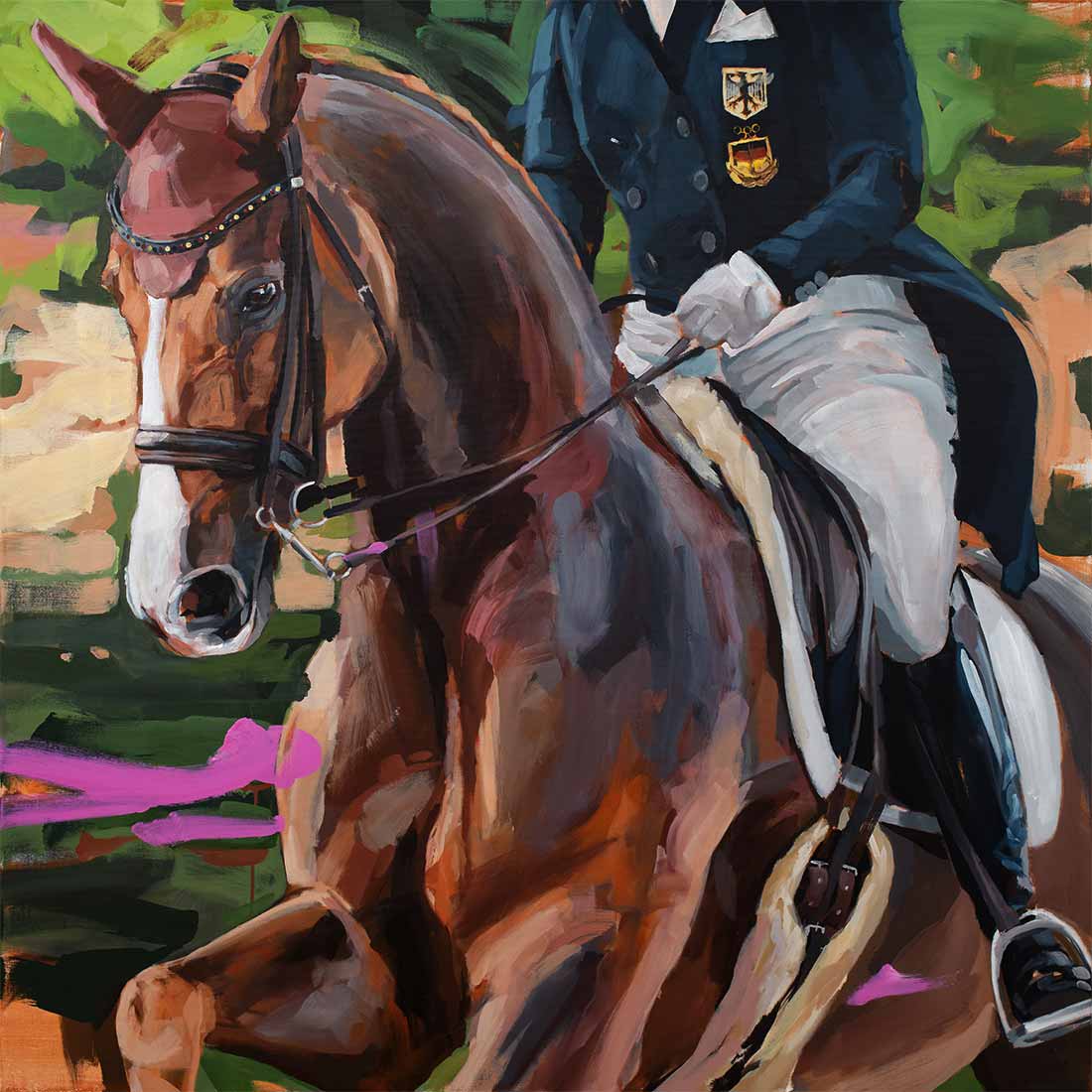 Ausdrucksstarkes Pferdeporträt der Ausnahmestute Bella Rose unter Isabell Werth, moderne Pferdekunst von Hartmut Hellner, Geschenk anlässlich des feierlichen Abschieds beim CHIO Aachen, Fokus auf Ausstrahlung und emotionale Bindung.
