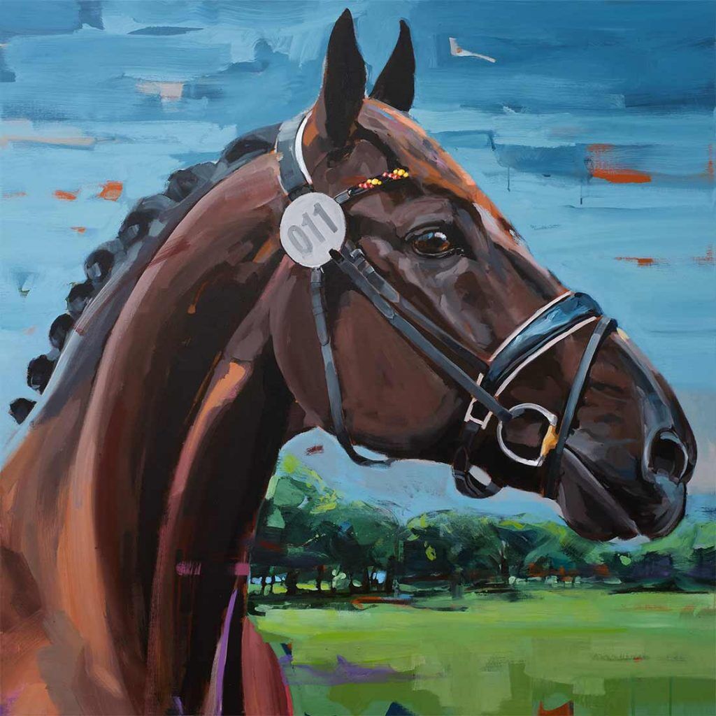 Expressive portrait of the vaulting world star Calidor, modern equine painting by Hartmut Hellner commissioned by Reiter Revue International, ceremonially presented at CHIO Aachen, emphasising noble silhouette and presence.